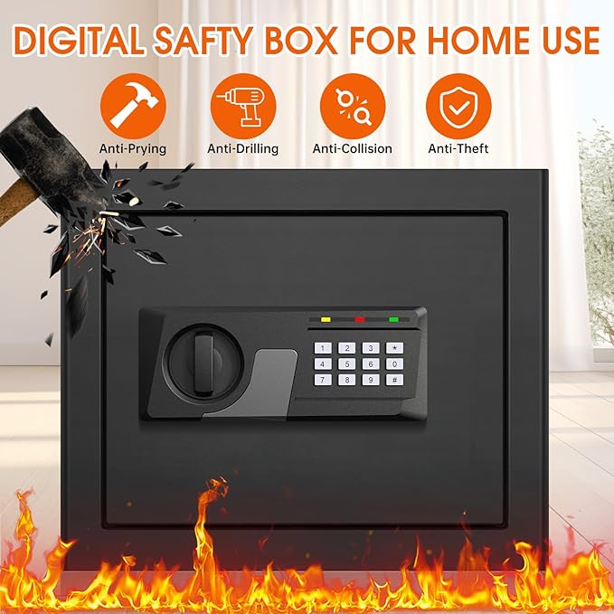 1.8 Cuft Fire proof Safes for HOME USE, Anti-Theft Digital Security Safety Box with Programmable Keypad and Spare Keys, Home Safes Fireproof Waterproof for Money Medicine Document Valuables
