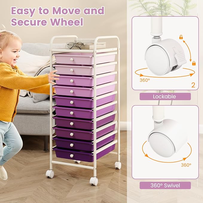 GLACER 10 Drawers Rolling Cart, Storage Cart with w/Removable Drawers & Steel Frame, Utility Mobile Trolley w/Universal Casters & 2 Brakes, Organizer Cart for Home, Office (Purple Gradient)