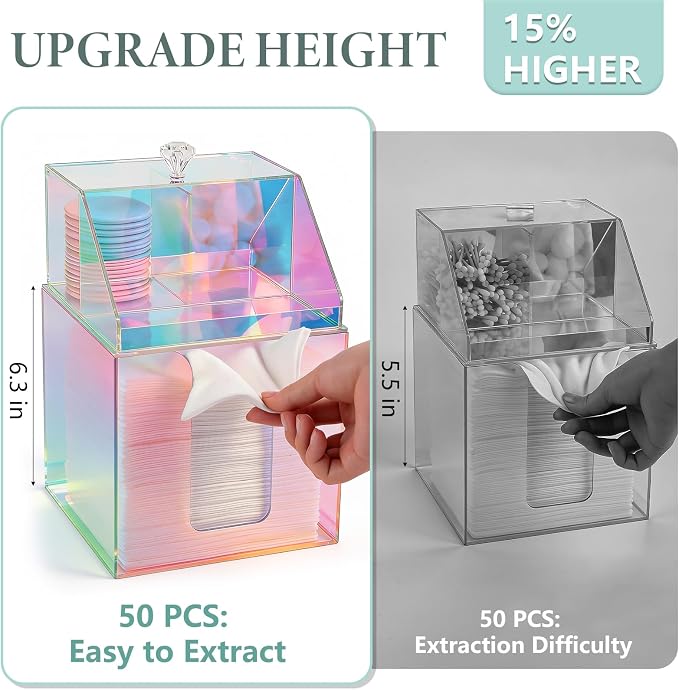 Disposable Facial Towels Storage Double Layer Acrylic Box, Glossy Rainbow | Face Towelettes Holder with Clean Skin Club Clean Towel XL Cotton Pads Container Qtip Bin for Bathroom Counter