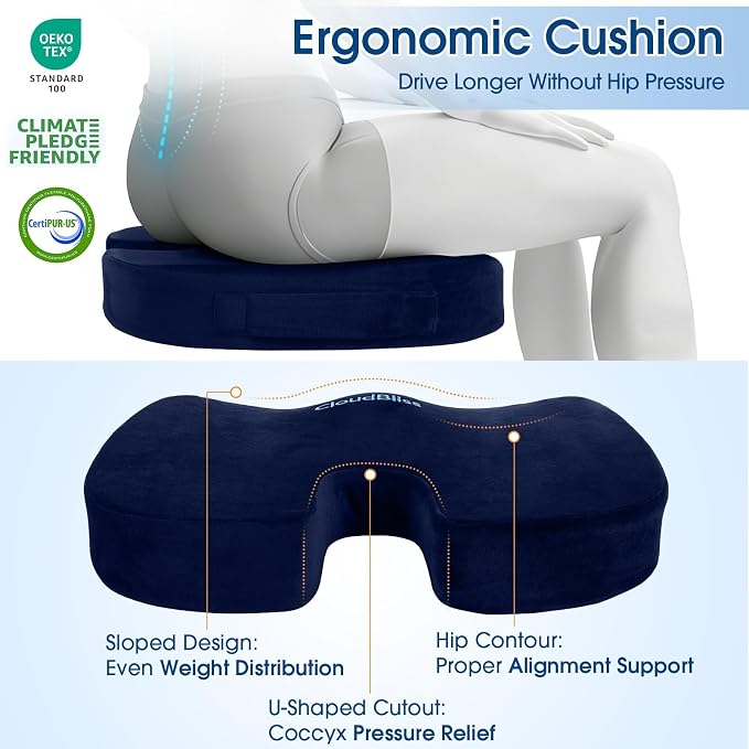 CloudBliss Lumbar Support Pillow & Seat Cushion Set for Office Chair, Desk Chair, Wheelchair & Car – Memory Foam Back Support, Ergonomic Chair Cushions, Sciatica Pain Relief, Home Essentials, Blue