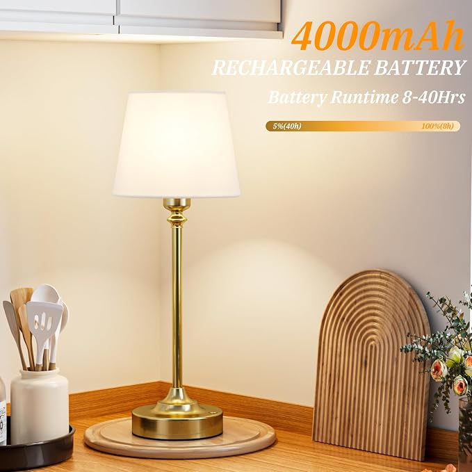 Kakanuo Cordless Table Lamps Rechargeable Set - 2 Pack Gold 4000mAH Battery Operated Lamps for Decor, 3000K Stepless Dimming Touch Wireless Lamp for Bedroom, Dining Table, Living Room, White Shade