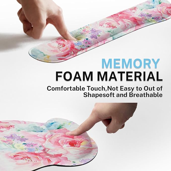 Ergonomic Mouse Pad Set with Wrist Rest, Watercolor Abstract | Flower Painting Non-Slip Rubber Base Wrist Cushion Support and Coasters Mousepad with Wrist Support for Computer Keyboard