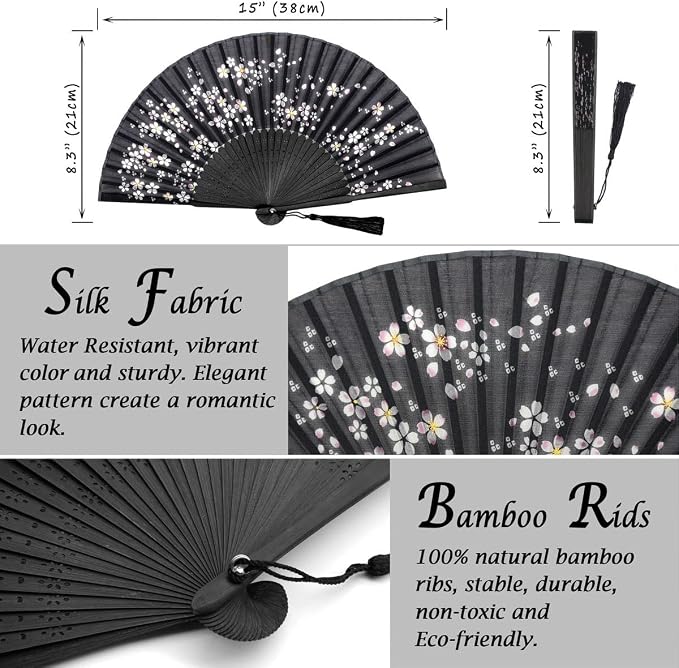 OMyTea Folding Hand Fan for Women - Foldable Chinese Japanese Vintage Bamboo Silk Fan - for Hot Flash, Church, Decoration, EDM, Music Festival, Dance, Party, Performance, Gift (Black Little Sakura)