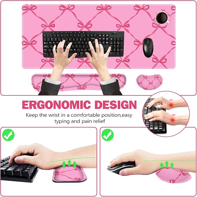 ToLuLu Large Mouse Pad Desk Pad Set, 4PCS Wrist Rest Support XXL Desk Mat | 35.4”x15.7" Giant Mouse Pad for Keyboard Mouse , Non-Slip Base Stitched Edges Mousepad Office Desk Decor, Hot Pink Bow