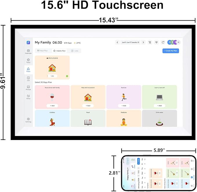 Digital Calendar Wall Touch Screen 15.6" HD Smart Family Planner | Whole-Family Schedule Sync, Chore Rewards & Meal Planning, Zero Subscription Fees, Photo Frame