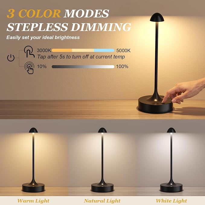 Cordless Rechargeable Table Lamp, Battery Operated Desk Lamp, Black, 2 Pack | Wireless Night Light, 3 Color Modes, Stepless Dimming, Portable LED Lighting for Dining Room, Restaurant, Bedside, Kitchen