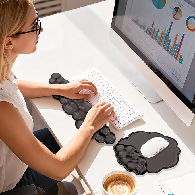 Keyboard Wrist Rest Set — Ergonomic Cloud Wrist Rest Keyboard and Mouse Pad, Non-Slip Desk Accessories for Office and Home（Black）