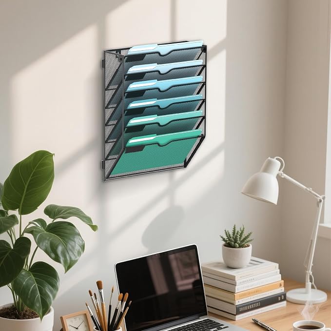 6-Tier Wall File Organizer, Hanging File Holder, Wall Mounted Mail Sorter | Metal Mesh Hanging File Organizer with Open Compartments and Label Panels for Papers and Folders at Home, Office or School