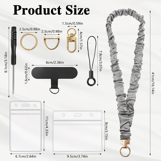 Prudiut Scrunchie Lanyard for ID Badges, Retractable Teacher Lanyards Black Stretchy Scrunchie Lanyard with ID Holder for Women (Grey)