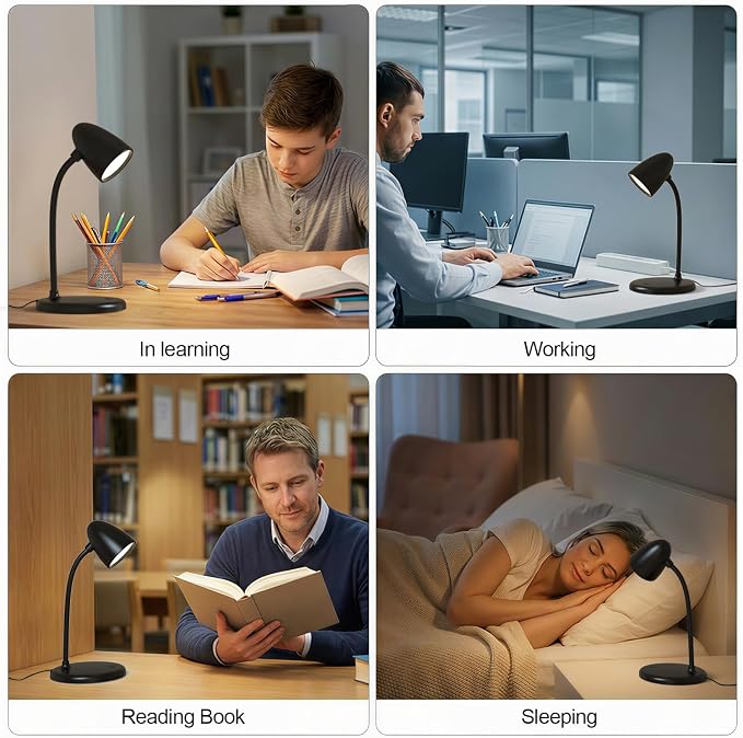 LED Desk Lamp for Home Office,Dimmable Table Lamp 3 Light Colors | Reading Light for Bedside Small Desk Lamp for College Dorm Room,Bedroom Desk Light,Black