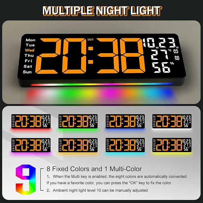 JoFomp 17.3" Large Digital Wall Clock, LED Digital Clock Large Display with Remote Control, Alarm Clock with Temp/DST/Dimmer/Humidity/Timer/Ambient Light - 12/24H, Alarm Wall Clock for Bedroom