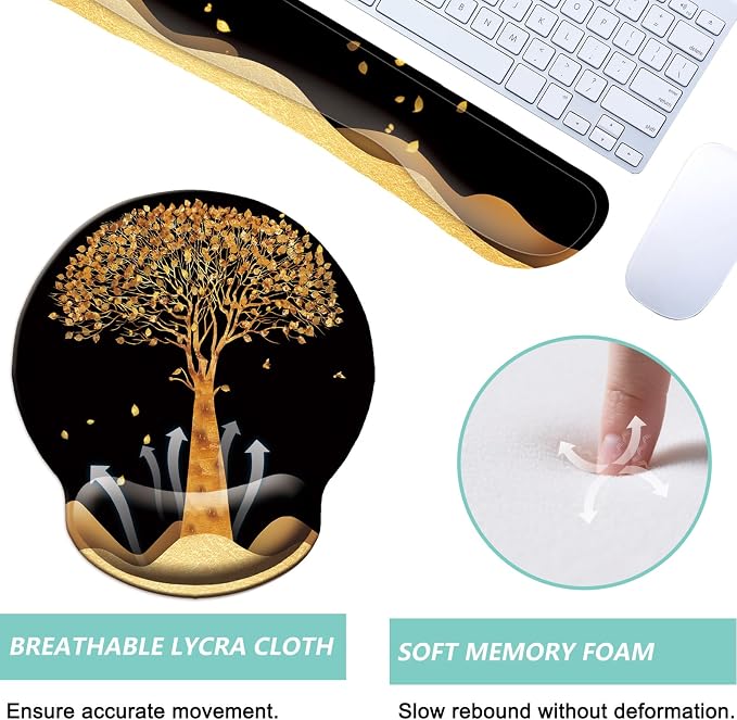 Keyboard Wrist Rest Pad Mouse Pad with Wrist Support Set of 3, Mousepad with Non-Slip Rubber Base, Ergonomic Memory Foam Mouse Wrist Cushion Support for Home Office Laptop Computer, Tree