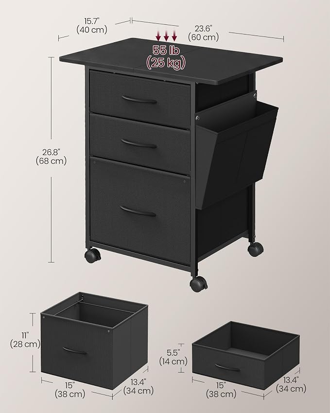 VASAGLE Mobile Printer Stand with Storage, Filing Cabinet, Side Pockets | Filing Cabinet for A4 Letter Size, 23.6 x 15.7 x 26.8 Inch, Ink Black, BELLAH Collection UOFC201BC01