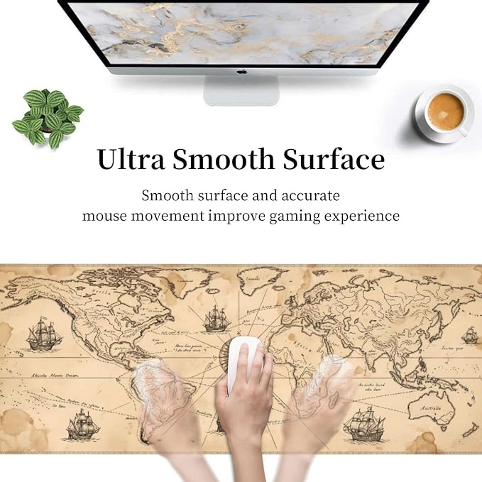 Vintage Map Gaming Mouse Pad Large Extended Desk Mat Non-Slip Rubber Base Keyboard Pad with Stitched Edges for Office Gaming 31.5x11.8 in