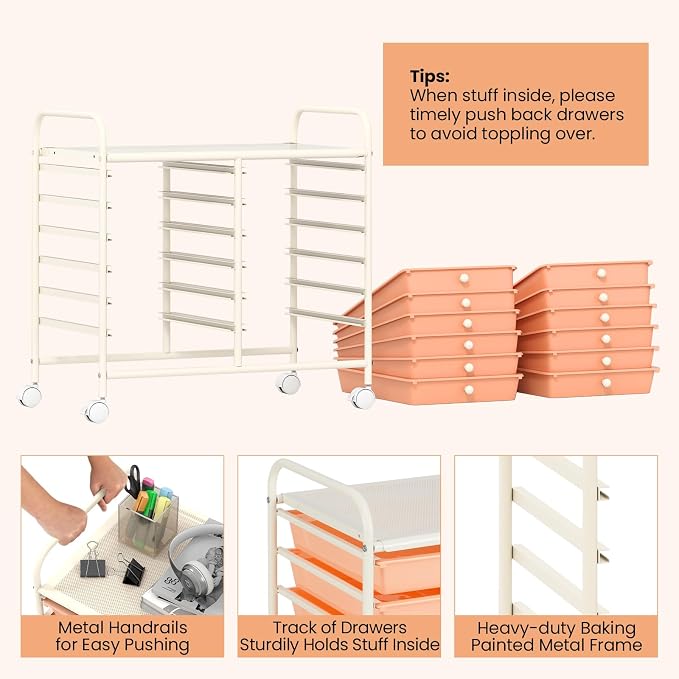 COSTWAY 12-Drawer Rolling Storage Cart, Utility Storage Organizer Cart | For Tools, Scrapbook, Paper, Craft, Multipurpose Art Supply Organizer on Wheels for Home Office School, Teacher, Peach