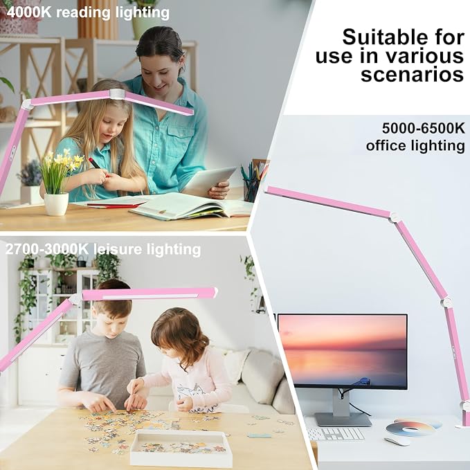 Architect Desk Lamp with Clamp, Led Desk Lamp with Dual Light Bars and Adjustable Swing Arm, Clip-on Stepless Dimming Table Light Computer Lighting for Home Office Sewing Painting Hobby