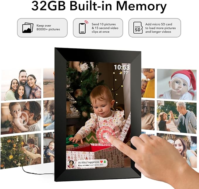 10.1Inch WiFi Digital Picture Frame IPS Touch Screen HD Disply,Video Clips and Slide Show,Auto-Rotate, Wall Mountable,Send Photos Instantly from Anywhere with via Frameo APP (10.1 INCH)
