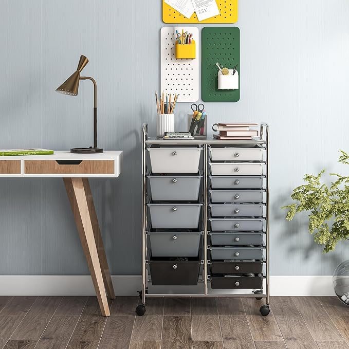 15 Drawer Rolling Storage Cart, Rolling Cart with Drawers for Classroom, Art Supply Craft Organizer on Wheel with Metal Frame & Handles for Home Office School