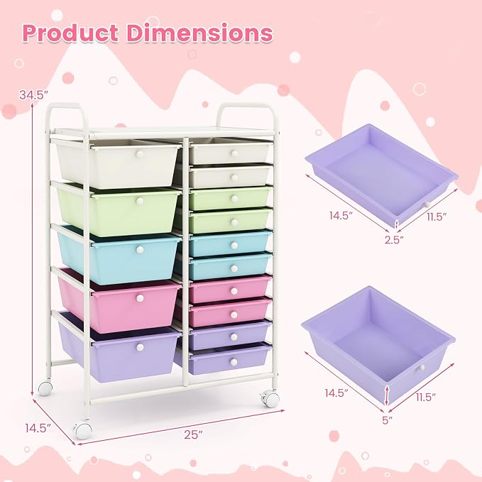 15 Drawer Rolling Storage Cart, Rolling Cart with Drawers for Classroom, Art Supply Craft Organizer on Wheel with Metal Frame & Handles for Home Office School (Ice cream color, 15 Drawer)