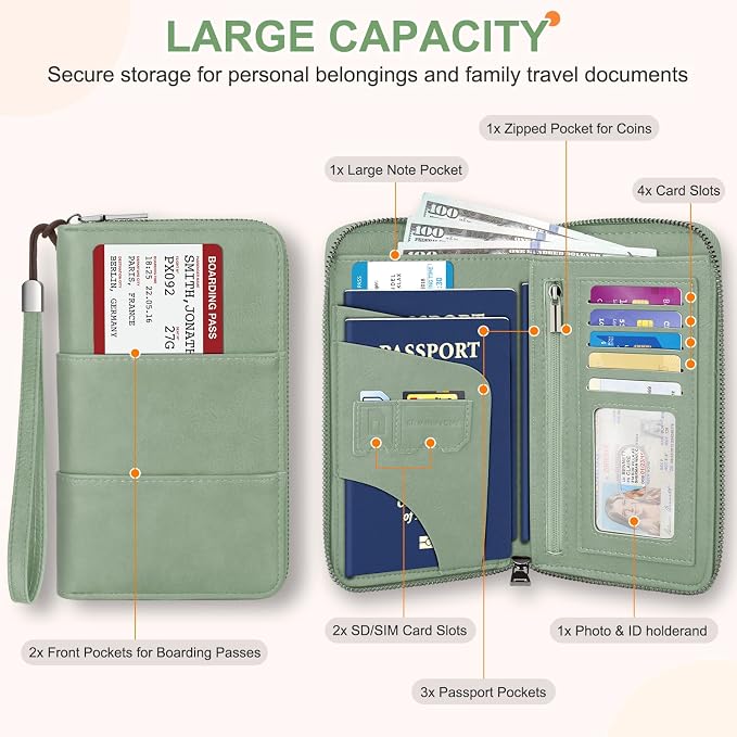 RFID Family Passport Holder Wallet - Travel Document Organizer | PU Leather, with Wristlet, Zipper, Cards, Boarding Pass, ID, Cash, Ticket Pockets,Travel Essentials Gifts for Women Men
