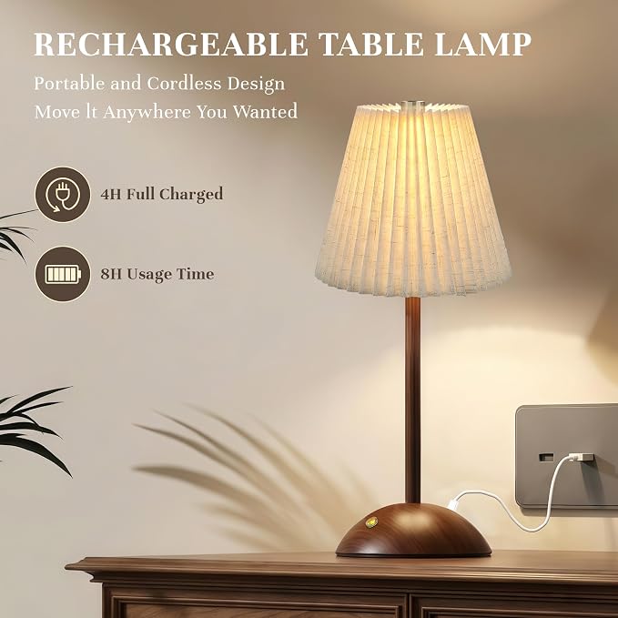Small Vintage Cordless Table Lamp, 5000mAh Battery Operated, 3 Color Stepless Dimming Up, Bedside Vintage Flower Desk Lamp for Bedroom Living Room, Dorm, Home, Office Decor (Beige)