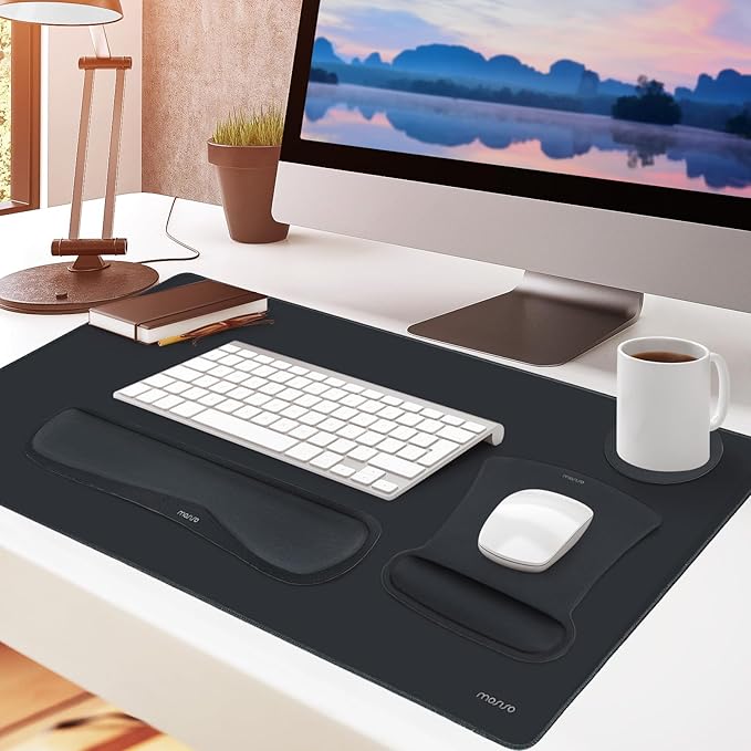 MOSISO Keyboard Mouse Pad Set, Large Gaming Mousepad&Keyboard Wrist Rest&Mouse Wrist Rest&Coaster, Ergonomic Non-Slip Mousepad&Easy Typing Cushion with Memory Foam for Home Office, Slate Gray