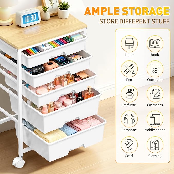 SUNALLY Rolling Carts with 5 Drawers, Storage Drawer Carts for Craft, White | Rolling Utility Cart with Wooden Tabletop & 2 Lockable Wheels, Teacher Storage Cart for Classroom School, Makeup, Nail, Art