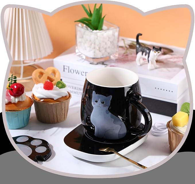 Honeydak Coffee Mug Warmer Cute Cat Mug Set Cup Warmer for Women Heated Coffee Warmers for Mom Home Office Desk Valentine's Day Anniversary Birthday Gifts(Cat,Black)