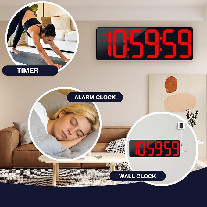 Large Digital Timer Wall Clock with Remote Control, 17.2" Count Down Up Digital Timer LED Display Auto DST Big Digital Clock for Bedroom Kitchen Living Room Office Gym Home Decor
