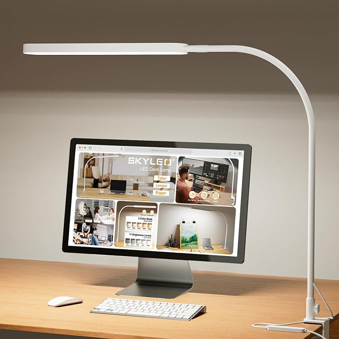 Led Desk Lamp - 33.5" Desk Light - Flexible Gooseneck - 5 Color Modes X 11 Brightness Levels - 1300LM - Timmer & Memory Function - 12W Clip on Light - White