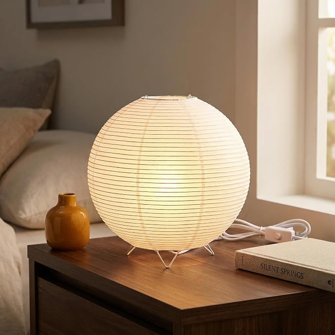 Totority Modern Paper Table Lamp, Japanese Lantern Style Bedside Night Light for Bedroom & Living Room, Minimalist Rice Paper Desk Lamp with Warm White E14 Bulb, Decorative Zen Home Lighting,US Plug