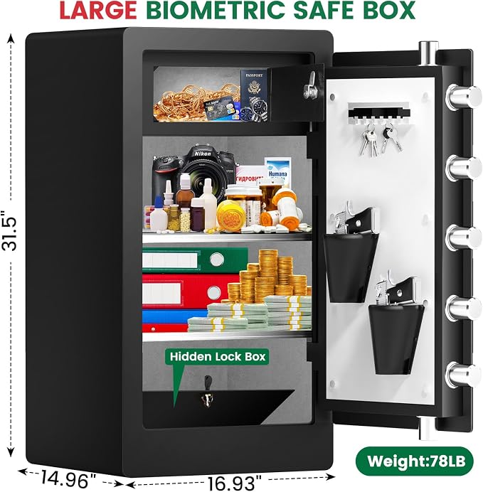 8.5 Cuft Heavy Duty Biometric Safe Box, Home Safes Water Fireproof | Large Document Safety With Bottom Hidden Safe and Dual alarms, Digital Security Safety Box for Money Jewelry Firearm Medicine