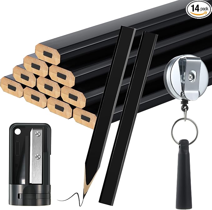 Hohean 14 Pcs Carpenter Pencils, 7 Inches Flat Octagonal Hard Woodworking Construction Pencils Heavy Duty with Pencil Sharpener and Retractable Pull Pen Holder for Contractor Carpentry (Black)