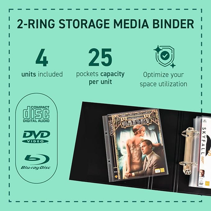 Tarifold 2-Ring DVD and CD Storage Binders, Holds 25 Sleeves, Black, 4 Pack | Each binder holds 25 DVD/CD sleeves, flexible spine, scratch-resistant finish; sleeves not included