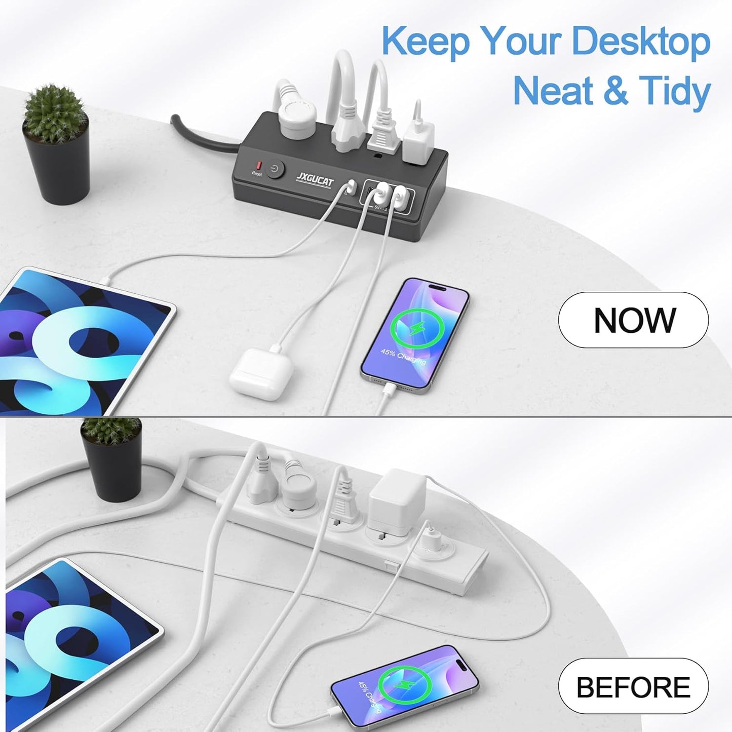 Desk Clamp Power Strip with PD 20W USB C, JXGUCAT Removable Fast Charging Desktop Edge Power Strip Surge Protector, 10 ft Extension Cord Flat Plug with 4 Outlet 4 USB Ports, Fit 1.8" Tabletop Edge