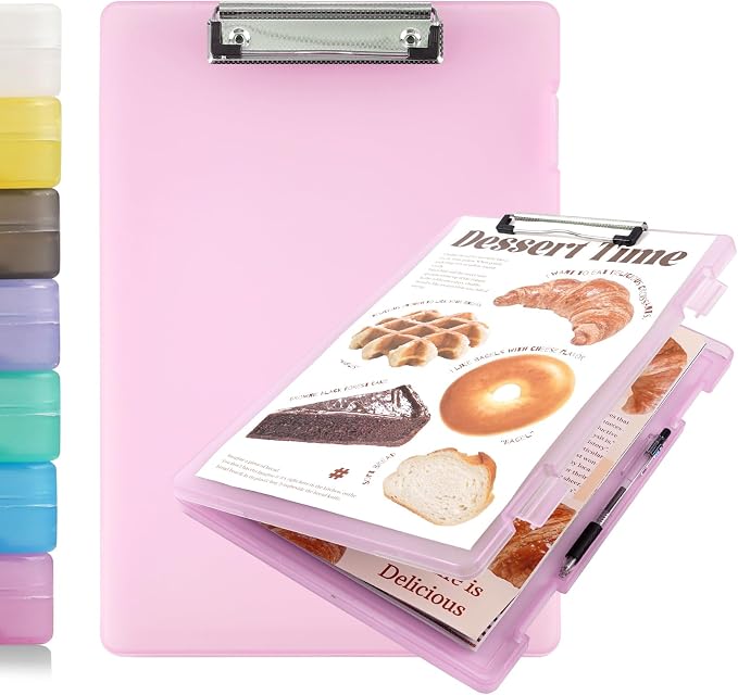 Clipboard with Storage, Clear Pink Plastic Clipboard with Side Opening, Waterproof Foldable Heavy Duty Nursing Clip Board for School & Office, Letter Size/ A4 with Christmas Stickers (Clear Pink)