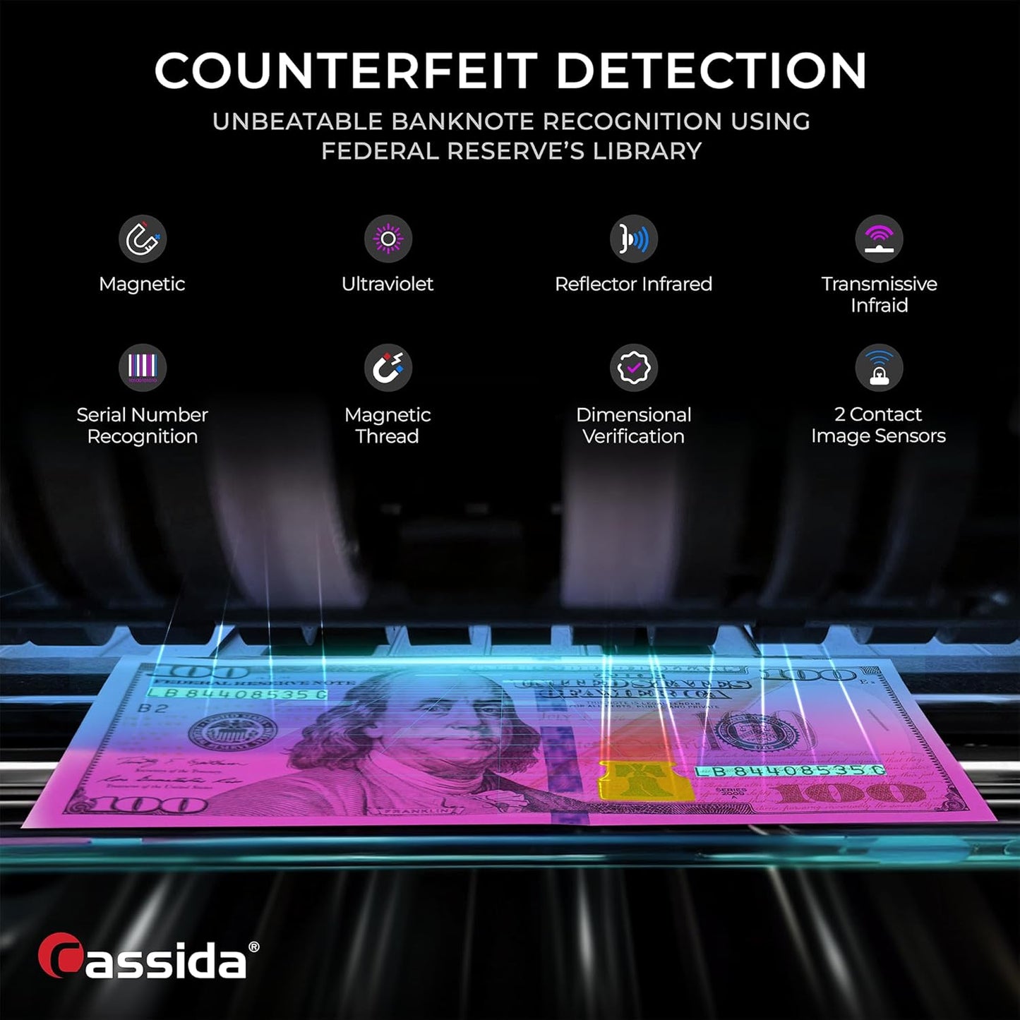 Cassida 8800R V2 USA Premium Bank-Grade Mixed Denomination Money Counter Machine, Advanced Counterfeit Detection, Multi-Currency, 3-Year Warranty, Includes External Display, Printing Enabled