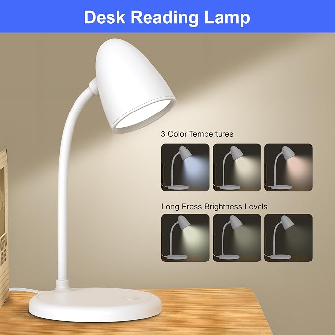 LED Desk Lamp for Home Office,Dimmable Table Lamp 3 Light Colors | Reading Light for Bedside Small Desk Lamp for College Dorm Room,Bedroom Desk Light,White