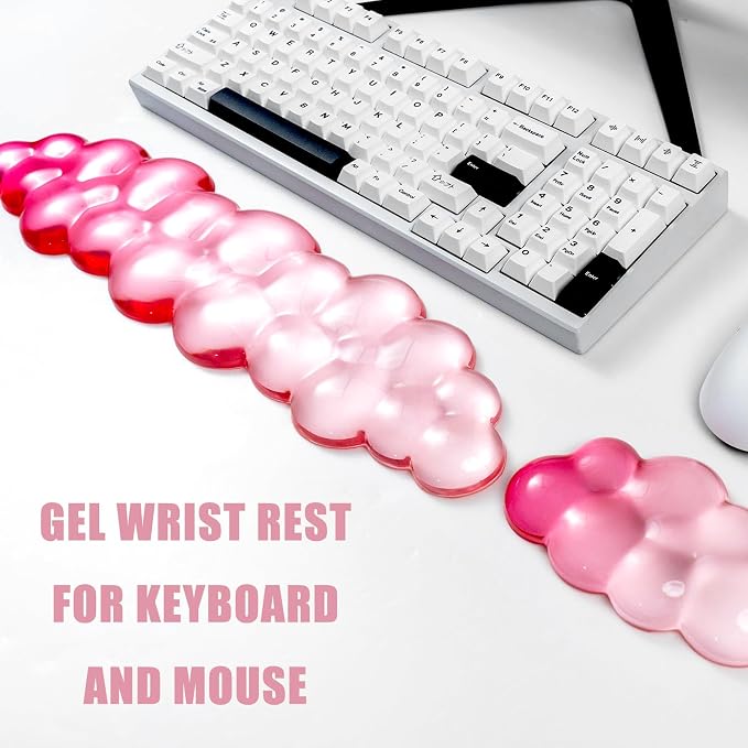 Ergonomic Cloud Silicone Gel Keyboard and Mouse Wrist Rest Set – Clear Wrist Rest for Computer Keyboard 60%/68%/75%, Comfort & Support for Typing and Gaming (White Pink)