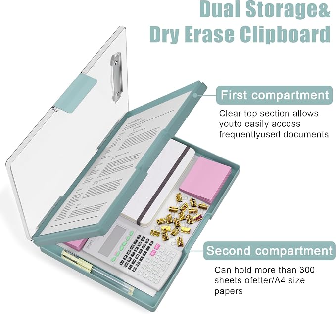 Hongri Clipboard with Storage, Green 8.5 x 11 Clip Board, Dual Compartmen | Folder Nursing Side Opening, Heavy Duty Organization Box, Smooth Writing for Teachers, Classroom, Size 13.3 x 9.4 x 1.5 in