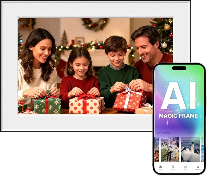 AI Magic Frame 10.1"-WiFi Digital Picture Frame with 64GB,1920 x 1200 IPS FHD Touchscreen,Motion Sensor,Dynamic AI Photo,Unlimited Cloud Storage, Gifts for Birthday/Family/Home Decor