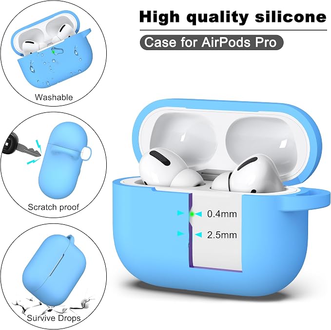 R-fun for AirPods Pro 2 Case, Soft Silicone Protective Cover with Keychain and Cleaning Pen, Compatible with AirPods Pro 2nd/1st Generation, Supports Wireless Charging, Light Blue