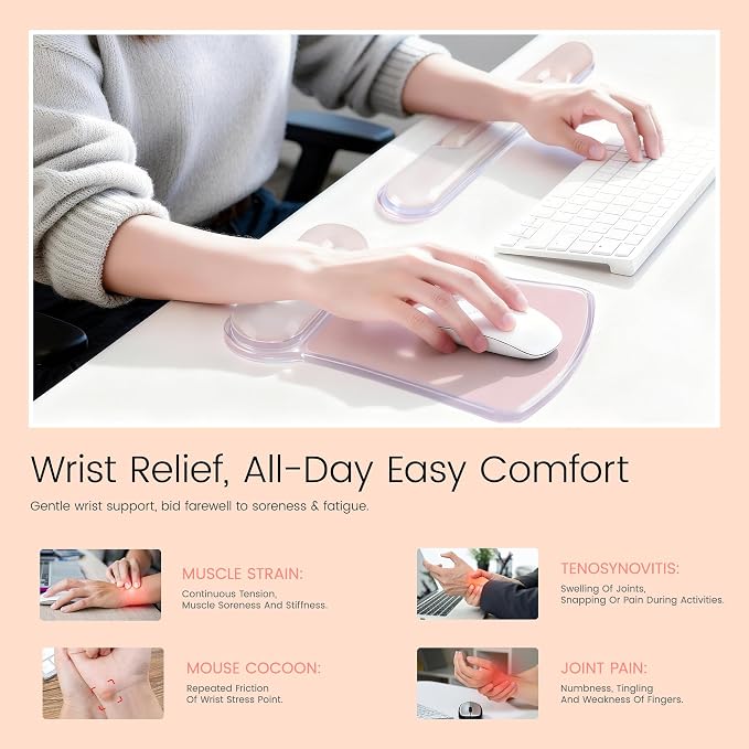 Ospelelf Mouse Pad with Wrist Rest and Ergonomic Gel Keyboard Hand Wrist, Support for Typing Gaming, Relieve Wrist Pain, Cool & Easy to Clean, for Office, Programmer, Home Computer Use, Pink