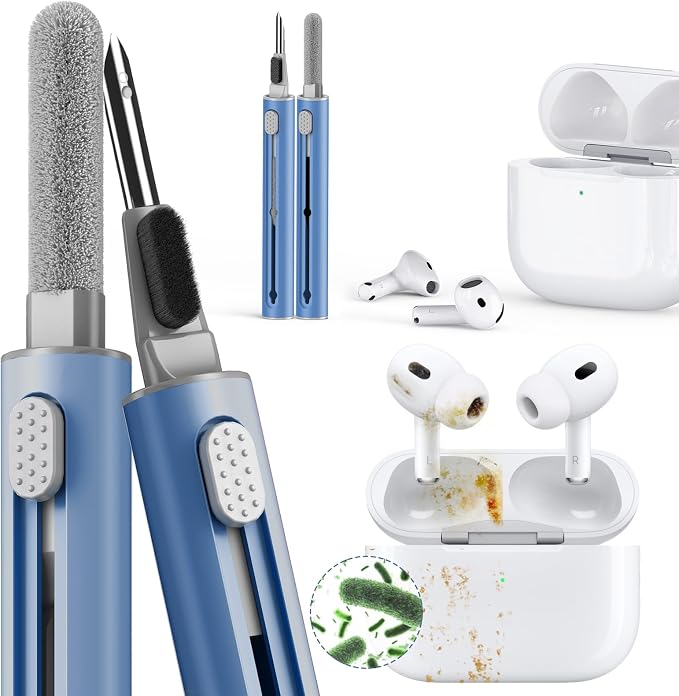 Inesore Multi Cleaning Kit for AirPods & All Bluetooth Earbuds (Deep Blue) | 3-in-1 Design with Brush,Sponge & Metal Tip, Airpod Cleaning, Phone Cleaner, Earbud Cleaning, Electronic Device Cleaning Tool