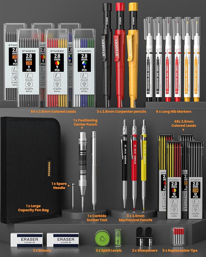 STAGEEK 38 Pack Carpenter Pencils Set With 108 Refills | Construction Pencil, Deep Hole Long-Nib Marker Pens, Automatic Center Punch and Carbide Scribe Tool for Woodworking with Case