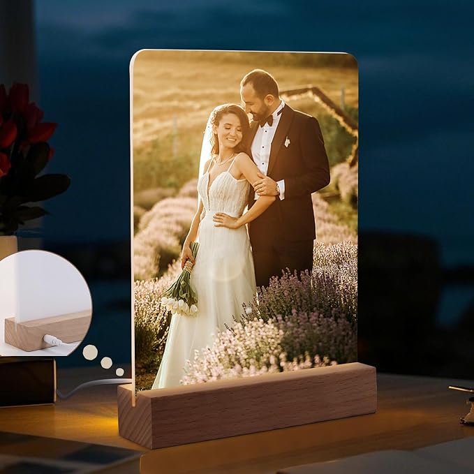2 Pack 6" x 8" Sublimation led Acrylic Photo Frames Night Lights Blanks Heart Shape,with Warm Color Light with Wood Stand for Heat Press Machine Printing