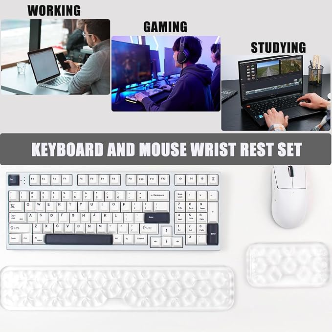 Gel Keyboard and Mouse Wrist Rest Set – Water Ripple Wrist Rest for Computer Keyboard 60%/68%/75%, Comfort & Support for Typing and Gaming (White)