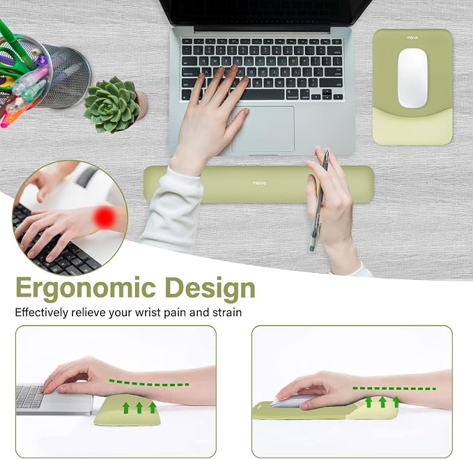 MOSISO Wrist Rest Support Mouse Pad & Keyboard Set, Olive Green | Rectangular Ergonomic Mousepad, Non-Slip Base, Home/Office Pain Relief & Easy Typing, Neoprene Cloth & Raised Silicone Lining