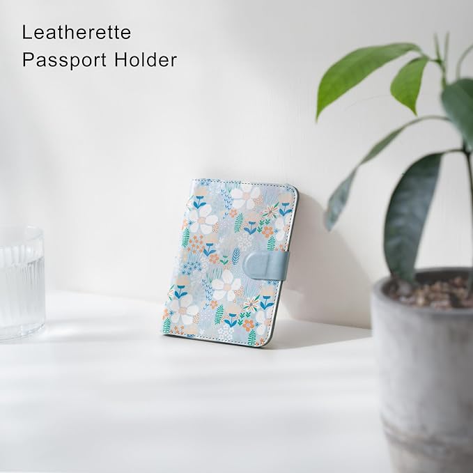 Leatherette Passport Holder with Floral Patterns, Premium PU Leather, Snap Button Closure, Travel Wallet Cover for Passport, Boarding Pass, and Cards(Aquatic orchid)