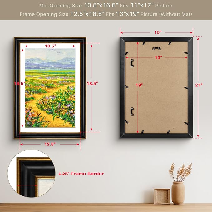 Golden State Art, 13x19 Photo Frame With Mat for Pictures 11x17 and Real Glass (Black With Antique Gold Trim - White Color Mat, 1.25 Inch Frame Border)